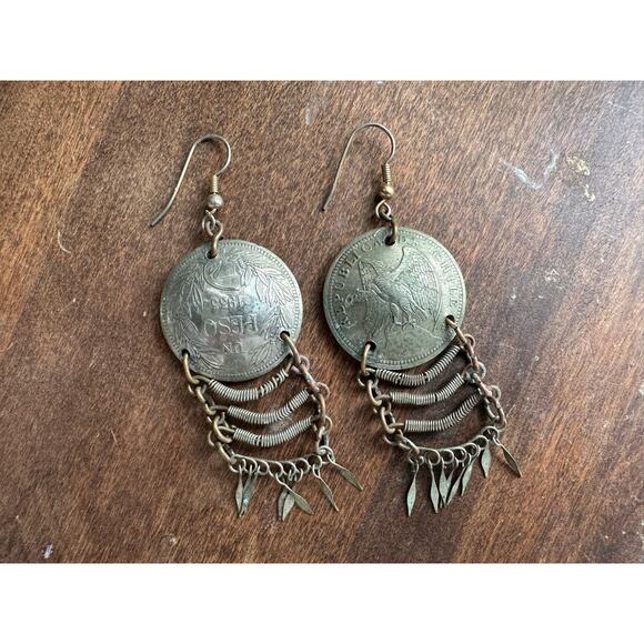 Vintage Jewelry - Vintage Peso Latin American Coin Dangle Fringe Bohemian Boho Hook Earrings